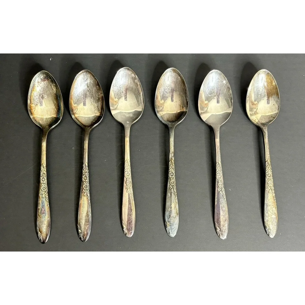 6 Oneida Wm Rogers Country Lane Teaspoons Spoons Floral Silver Plate Flatware